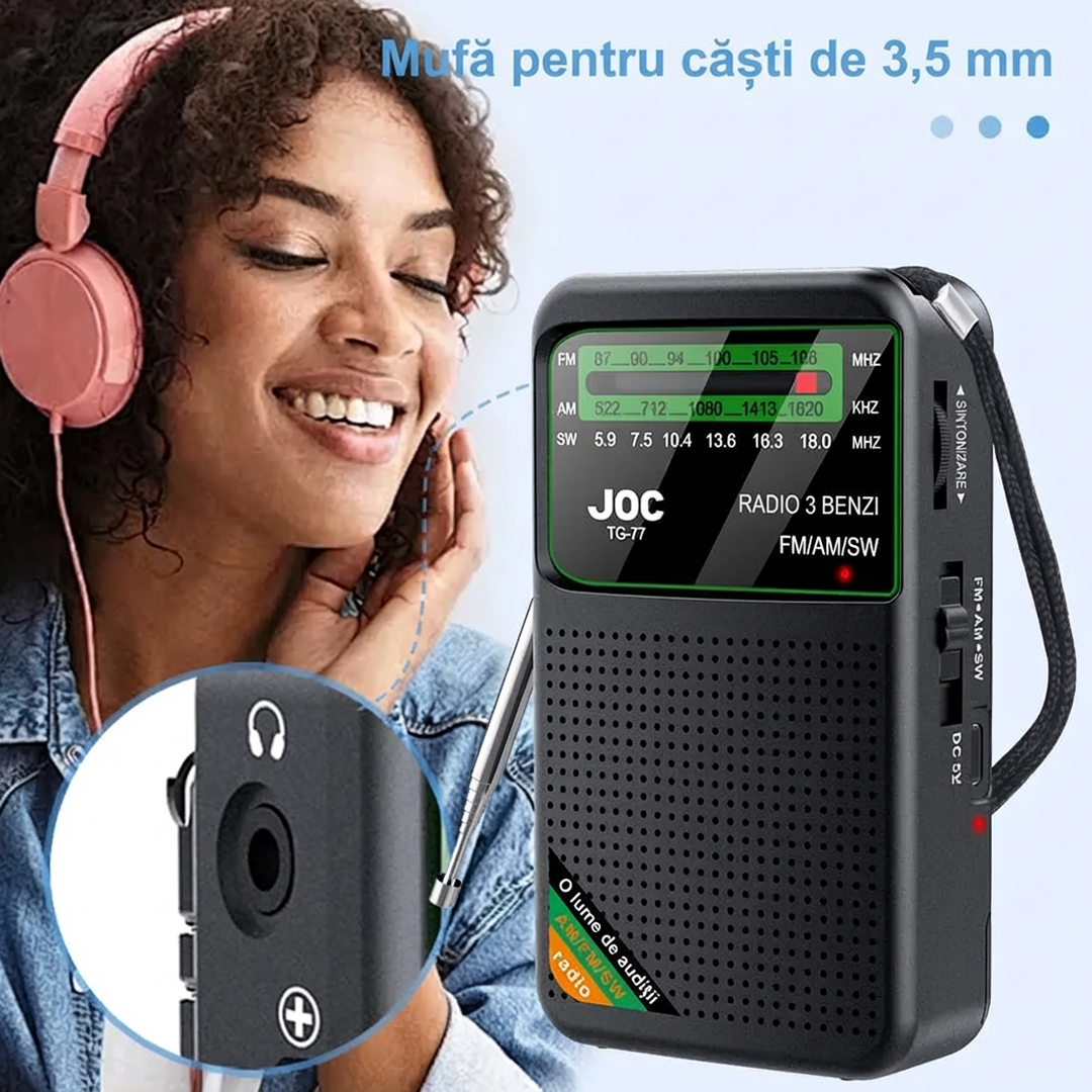 Radio Portabil | AM FM SW Stereo | USB-C Baterii 1000mAh Mufa Casti | Difuzor 3W | Negru