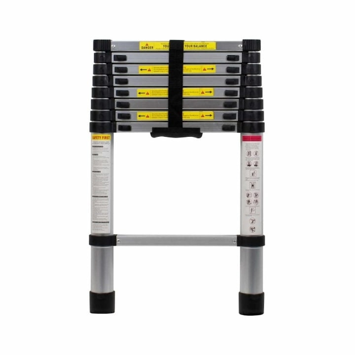 Scară Telescopică din Aluminiu 2,9 m, 150 kg, Blocare pe Fiecare Treaptă, Închidere Amortizată