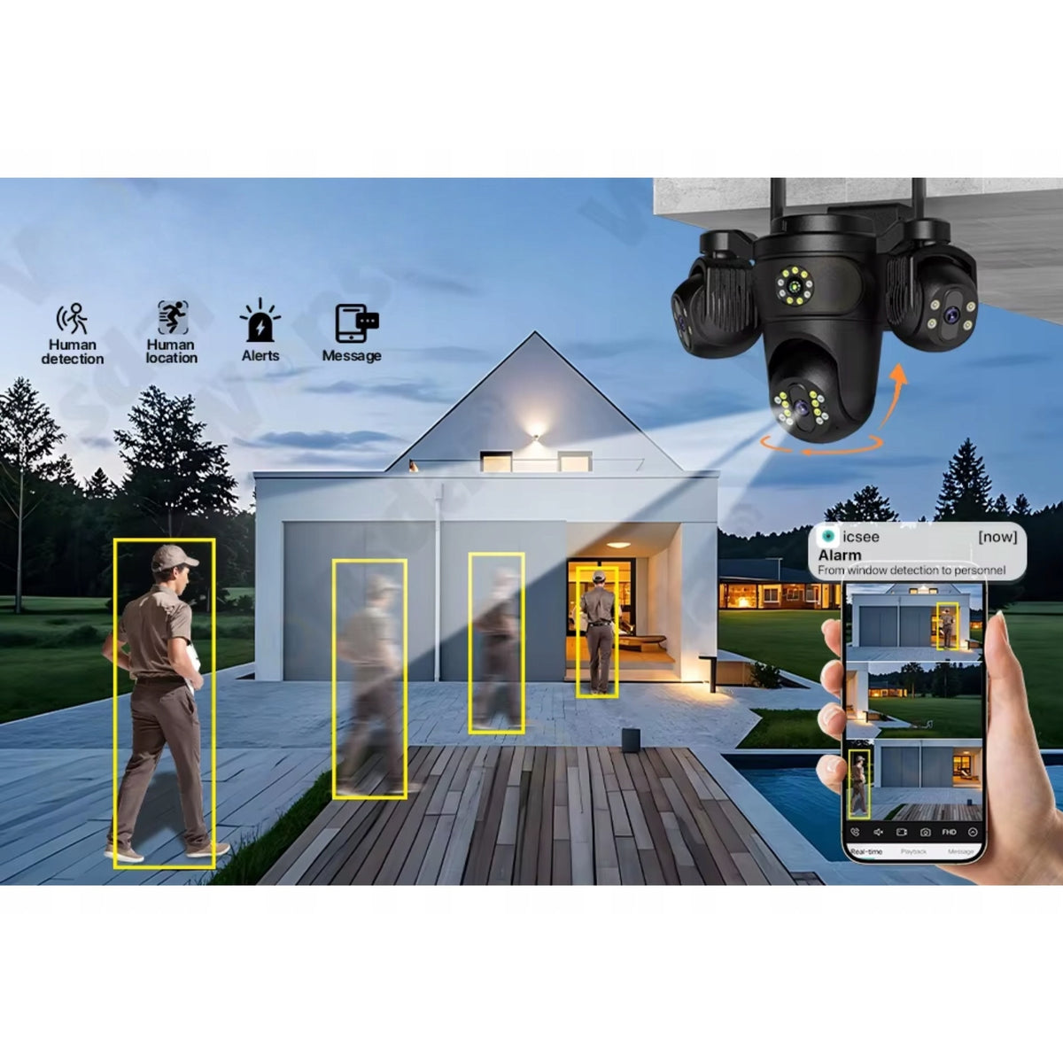 Cameră de Supraveghere WiFi Exterior cu 3 Obiective, 15MP, PTZ 355°, Urmărire AI, IP66