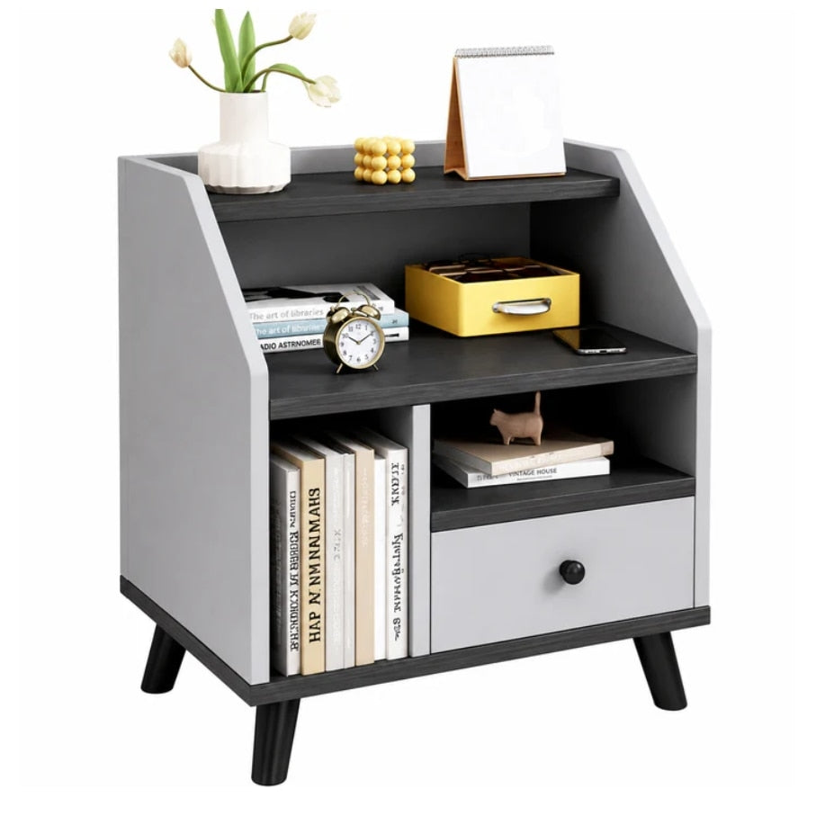 Noptiera Moderna cu Sertar si 3 Spatii de Depozitare | MDF | Stil Scandinav | Gri/Alb | 40x30x53 cm