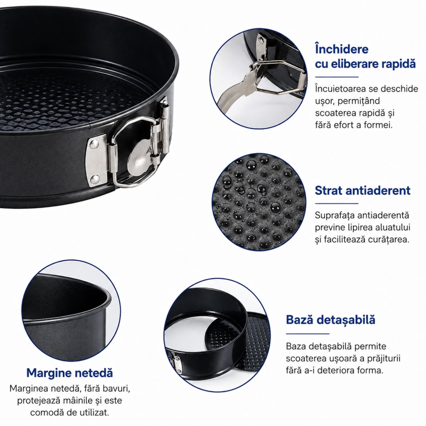 Set 3 Tavi Rotunde pentru Copt | Baza Detasabila | 24 / 26 / 28 cm | Negru | Pentru Torturi si Prajituri