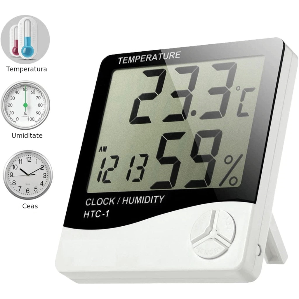 Termohigrometru Digital 3 în 1 | Ceas, Alarmă, Calendar și Senzor de Umiditate