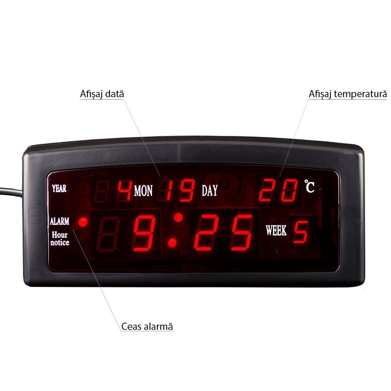 Ceas Digital LED De Masa Cu Alarma | Afisare Calendar Si Temperatura | Alimentare La Priza | Utilizare Interioara
