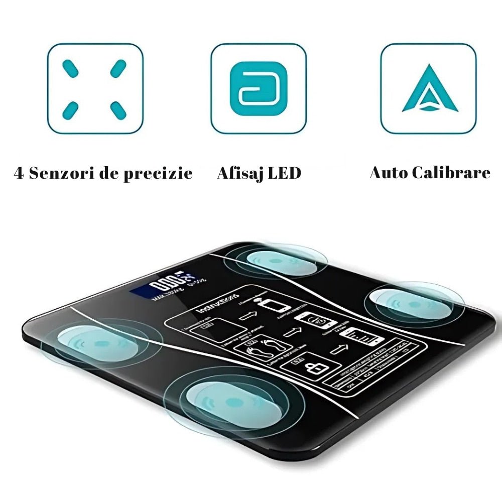 Cantar Corporal Smart | Ecran Digital Iluminat | Bluetooth Android iOS | Analiza Corporala Completa | 180 Kg Max