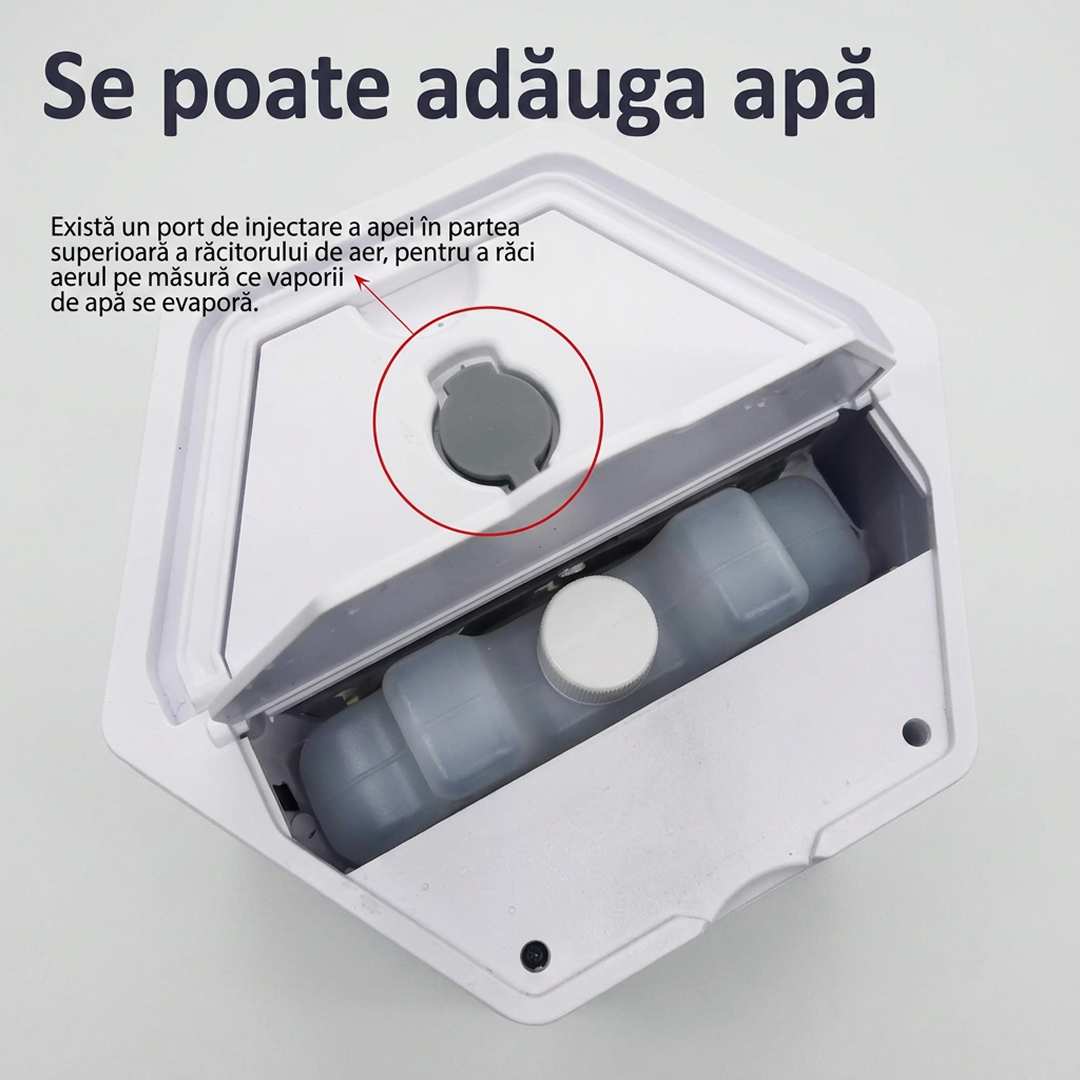 Mini Racitor Aer Portabil 3in1 | Racire Evaporativa | LED 7 Culori | 3 Viteze | USB 5V | 4 Ore Rezervor | 17x14x15cm | Alb