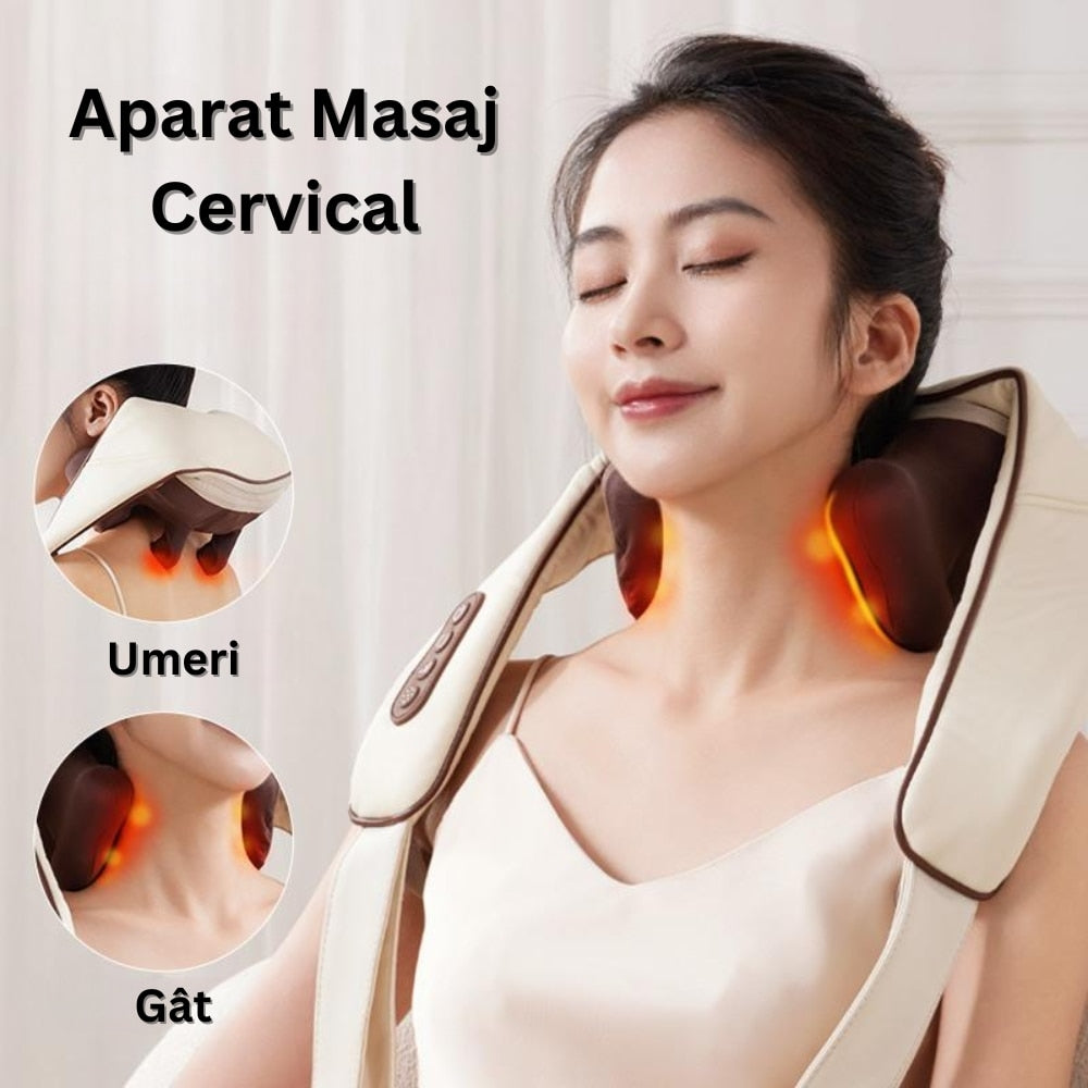 Aparat Masaj Cervical | Functie Incalzire | 3 Intensitati | Baterie 2000mAh USB-C | Gat Umeri Spate Picioare