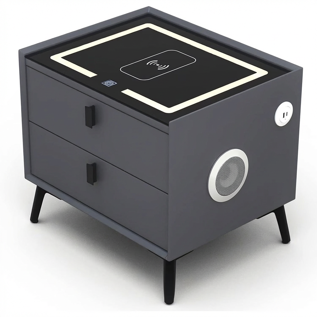 Noptiera Inteligenta Multifunctionala 50x40x45 cm | 2 Sertare | LED Tactil 3 Culori | Incarcare Wireless | Difuzor Bluetooth | Gri Inchis