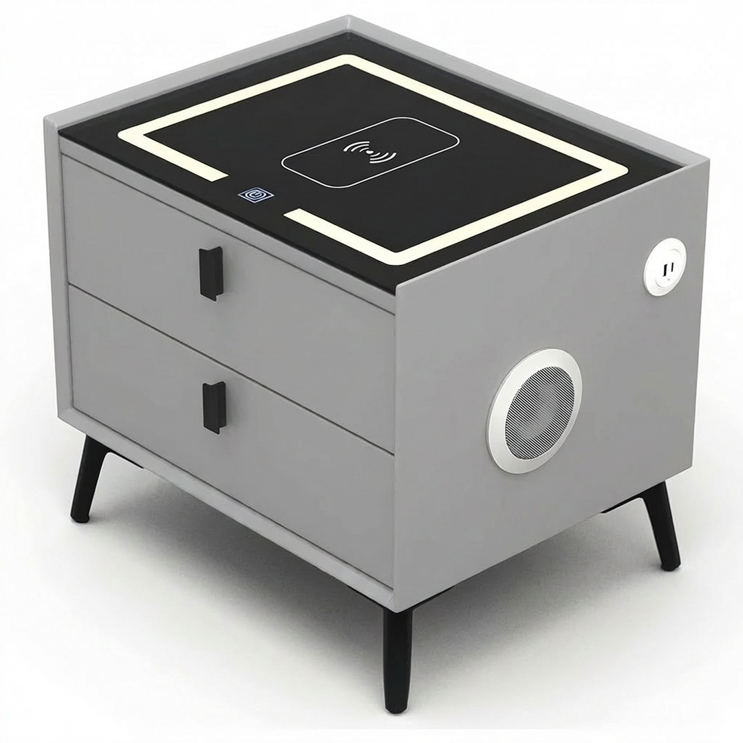 Noptiera Inteligenta Multifunctionala 50x40x45 cm | 2 Sertare | LED 3 Culori | Incarcare Wireless + USB | Difuzor Bluetooth | Gri Deschis