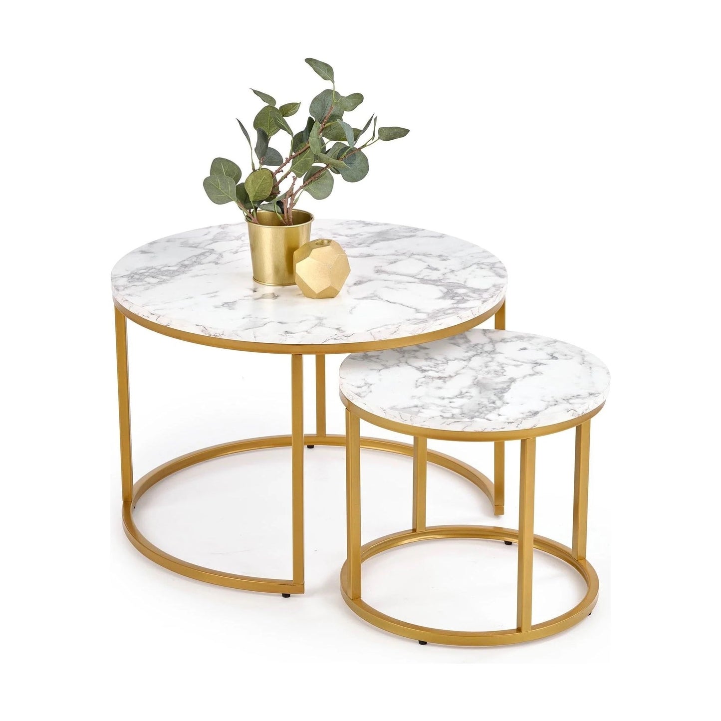 Set 2 Masute de Cafea Rotunde cu Blat MDF Aspect Marmura | Cadru Metalic Bronz Mat | 70x45 cm si 50x38 cm