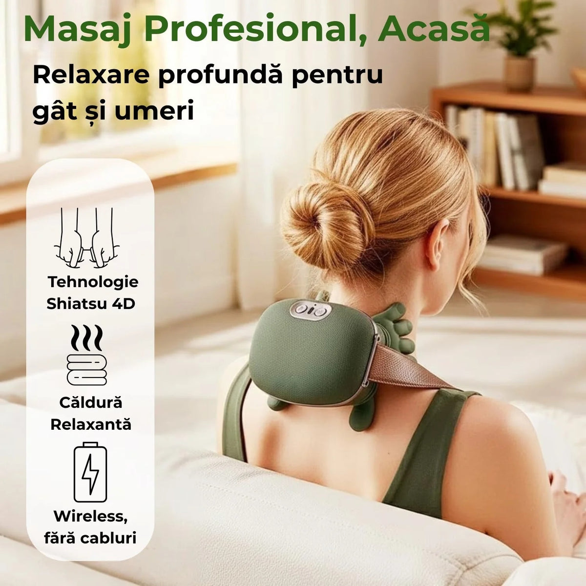 Aparat de Masaj Cervical 4D Shiatsu, Wireless, cu Încălzire 40/45°C, 3 Intensități