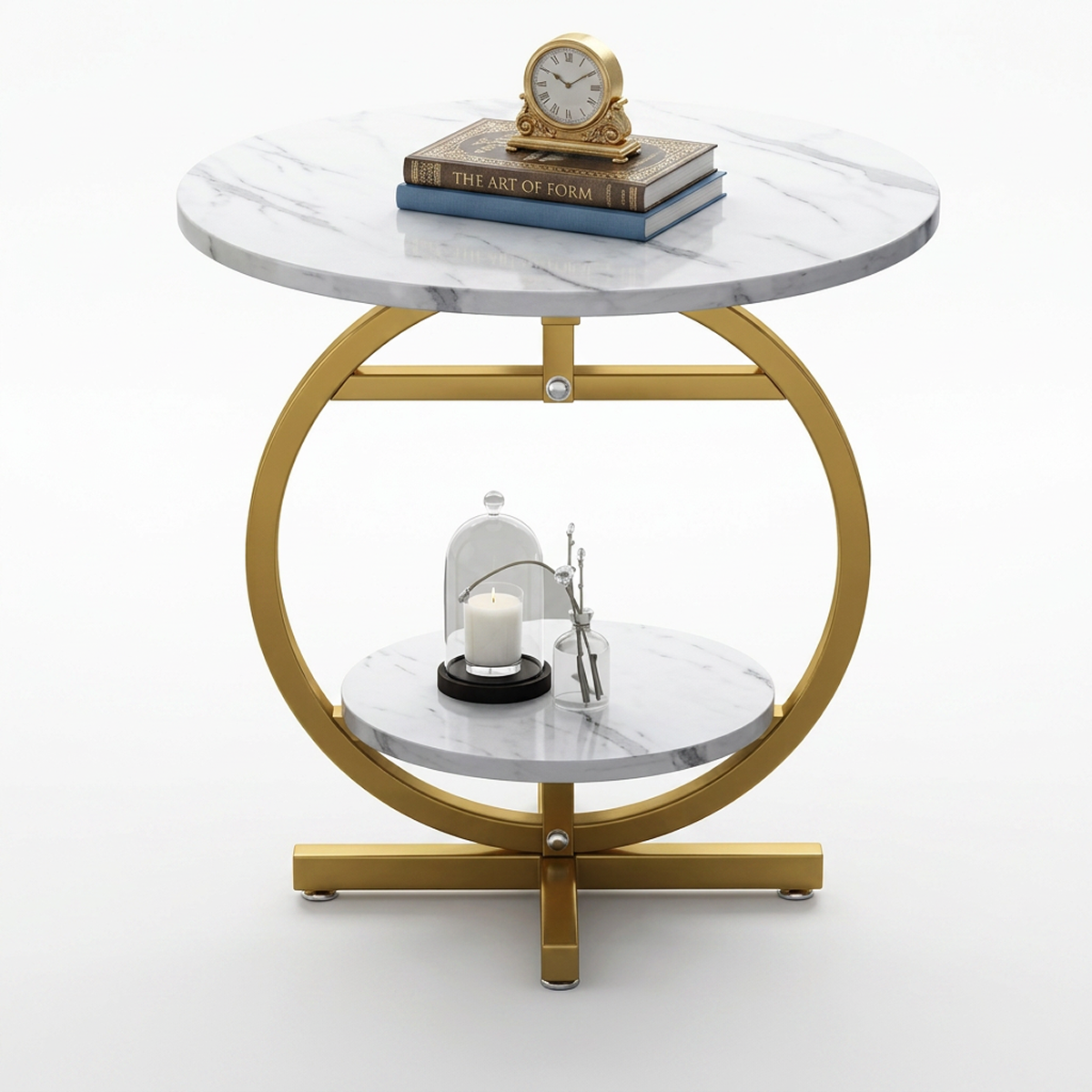 Masuta de Cafea Rotunda cu 2 Nivele | Blat Alb Aspect Marmura | Etajera Inferioara