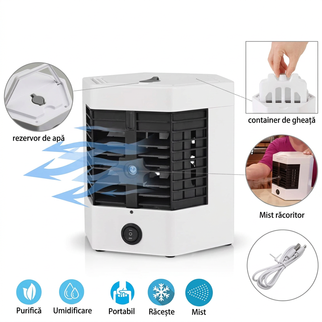 Mini Racitor Aer Portabil 3in1 | Racire Evaporativa | LED 7 Culori | 3 Viteze | USB 5V | 4 Ore Rezervor | 17x14x15cm | Alb