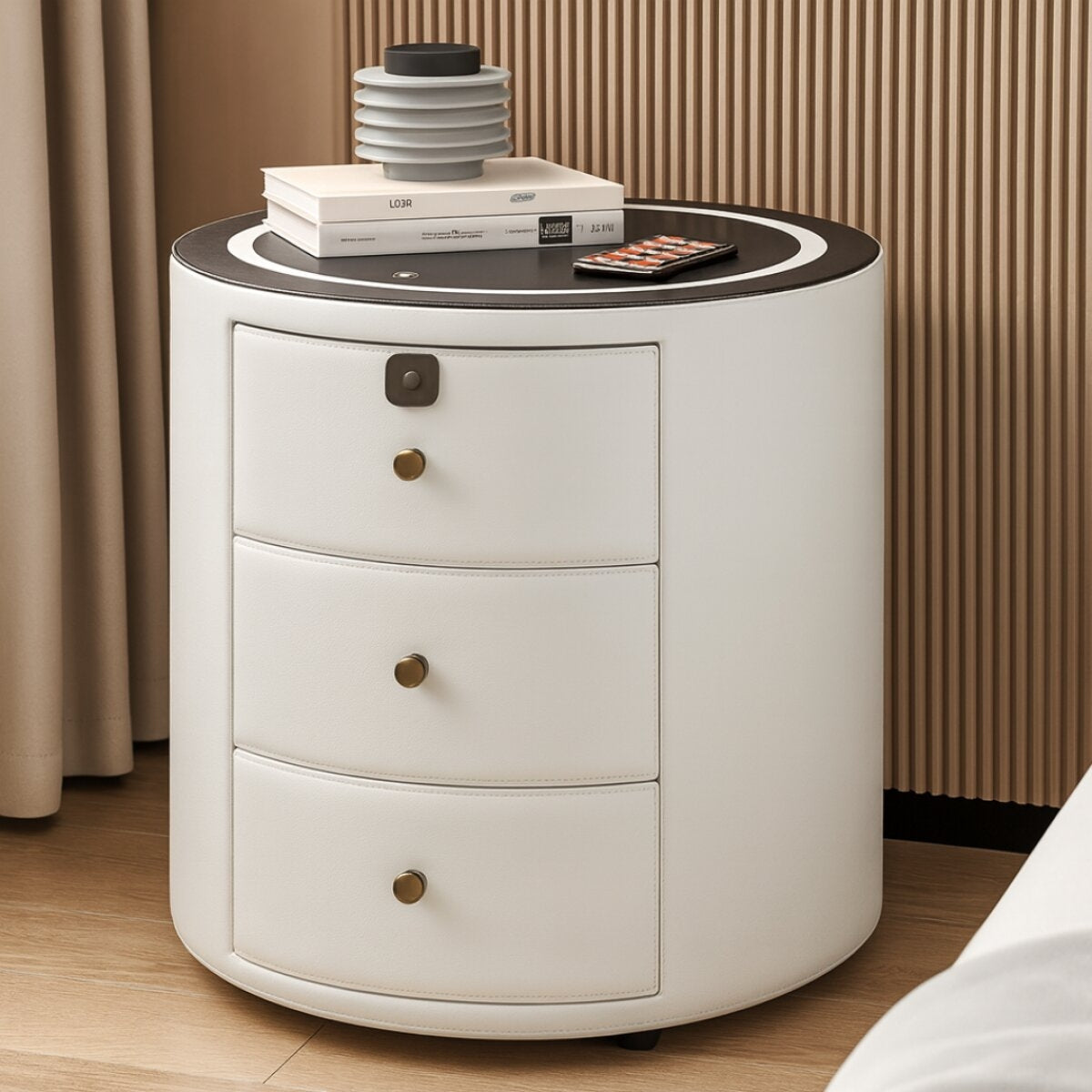 Noptieră Smart Rotundă Albă cu 3 Sertare, Încărcare Wireless, Boxă și Blocare cu Amprentă