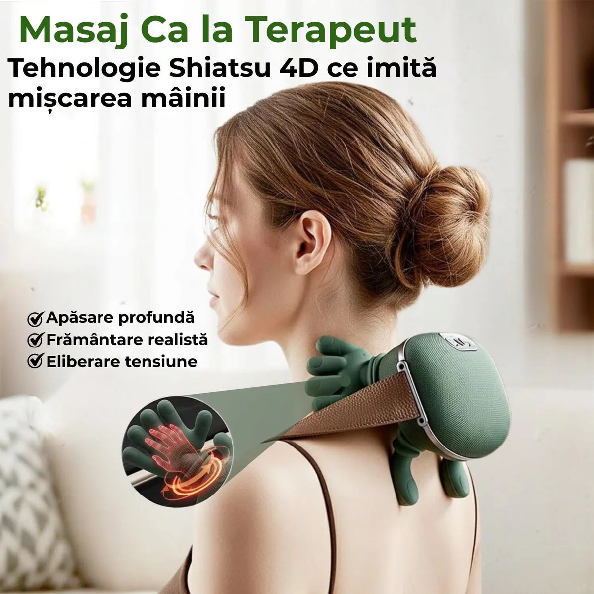 Aparat de Masaj Cervical 4D Shiatsu, Wireless, cu Încălzire 40/45°C, 3 Intensități