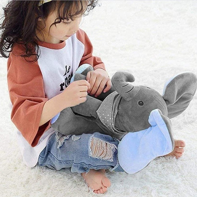Jucarie Interactiva Elefant Cucu-Bau Muzical | Plus Moale 26 cm | Varianta Albastra | Joc Peek-a-Boo