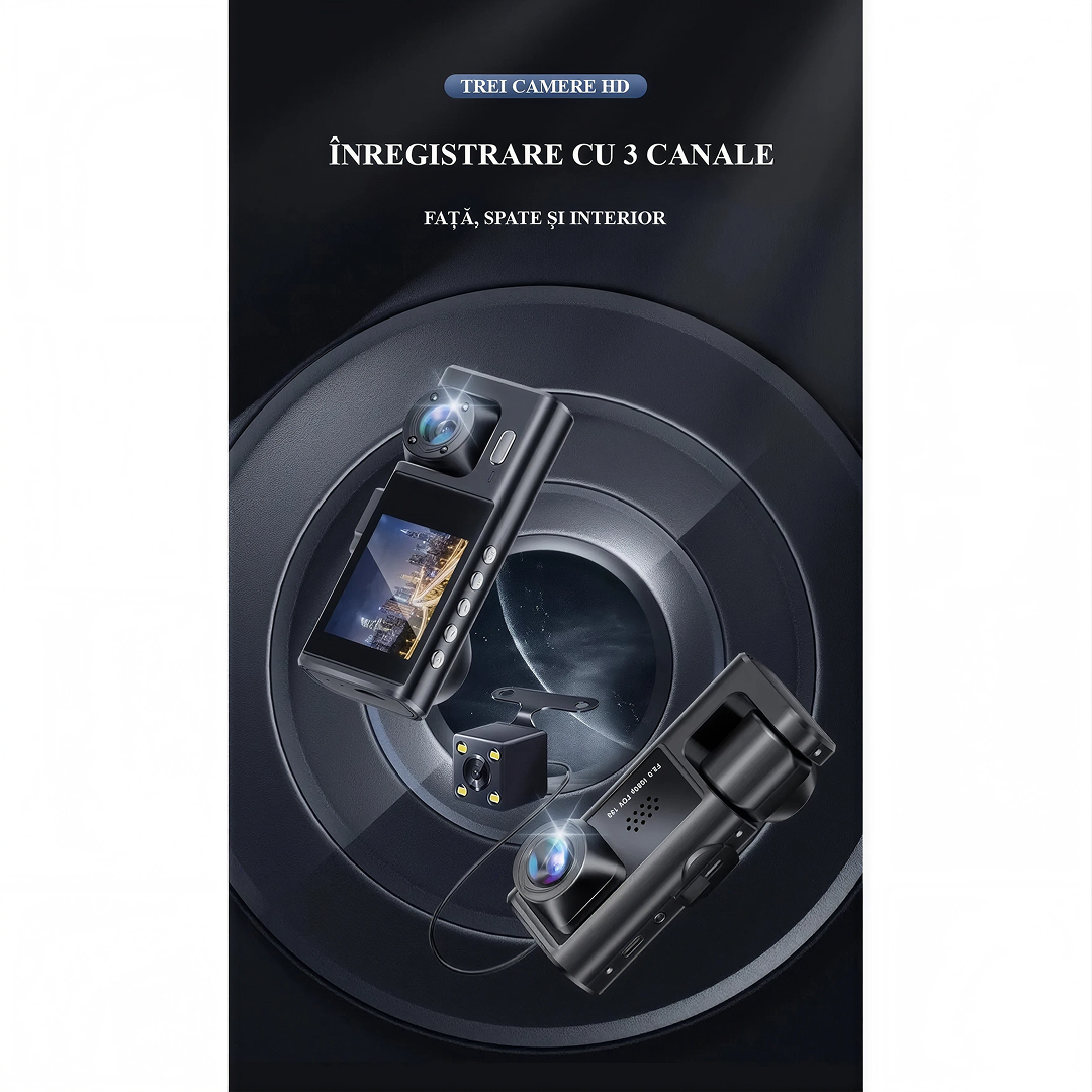 Camera Auto Bord Tripla DVR | Full HD 1080P | Fata + Spate + Interior | Ecran IPS 2" | G-Senzor | Detectie Miscare | Inregistrare Ciclica