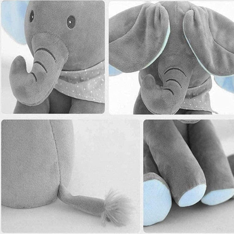 Jucarie Interactiva Elefant Cucu-Bau Muzical | Plus Moale 26 cm | Varianta Albastra | Joc Peek-a-Boo