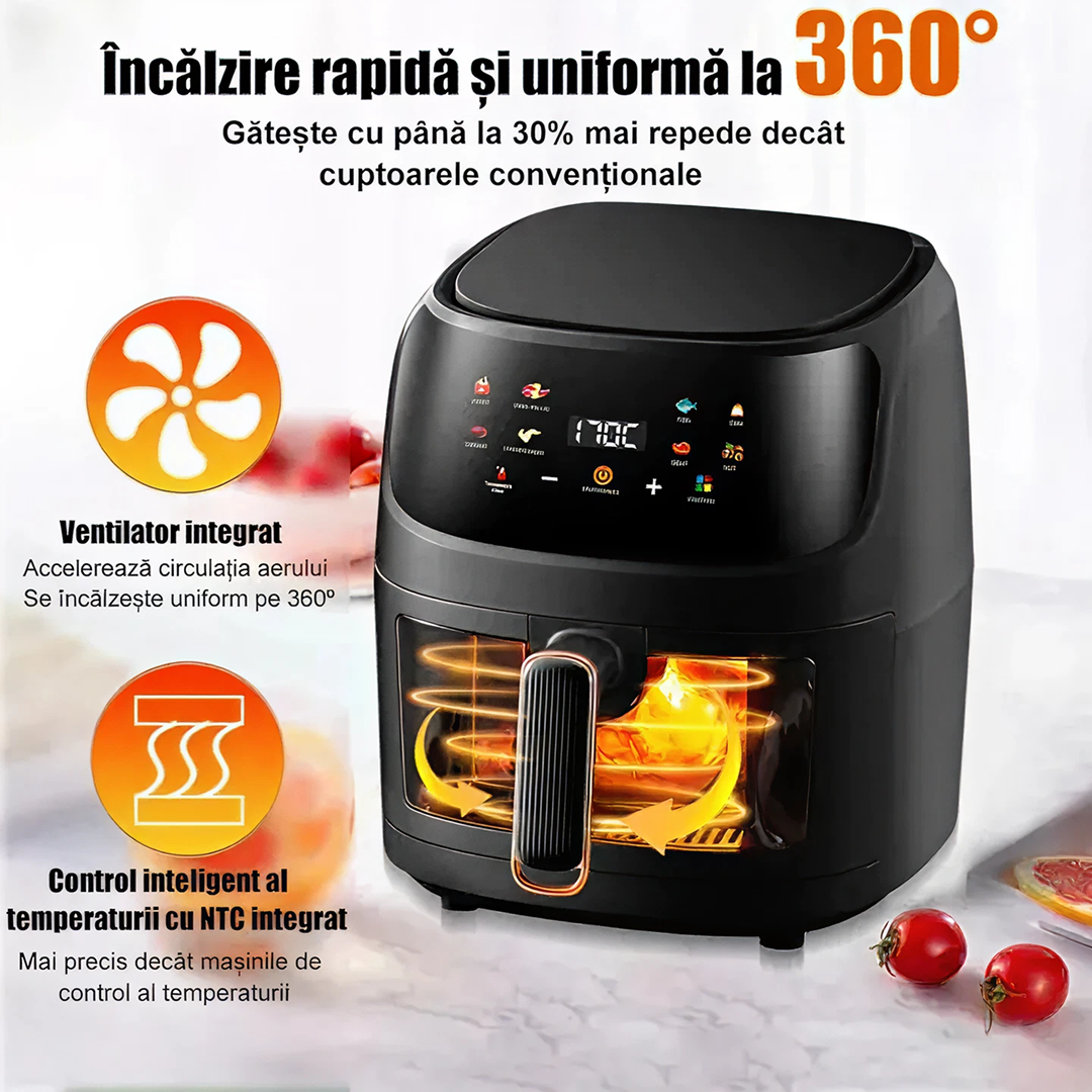 Air Fryer 8L | 2400W Display LCD Touch | Fereastra Vizualizare Protectie Supraincalzire | Gatire Fara Ulei