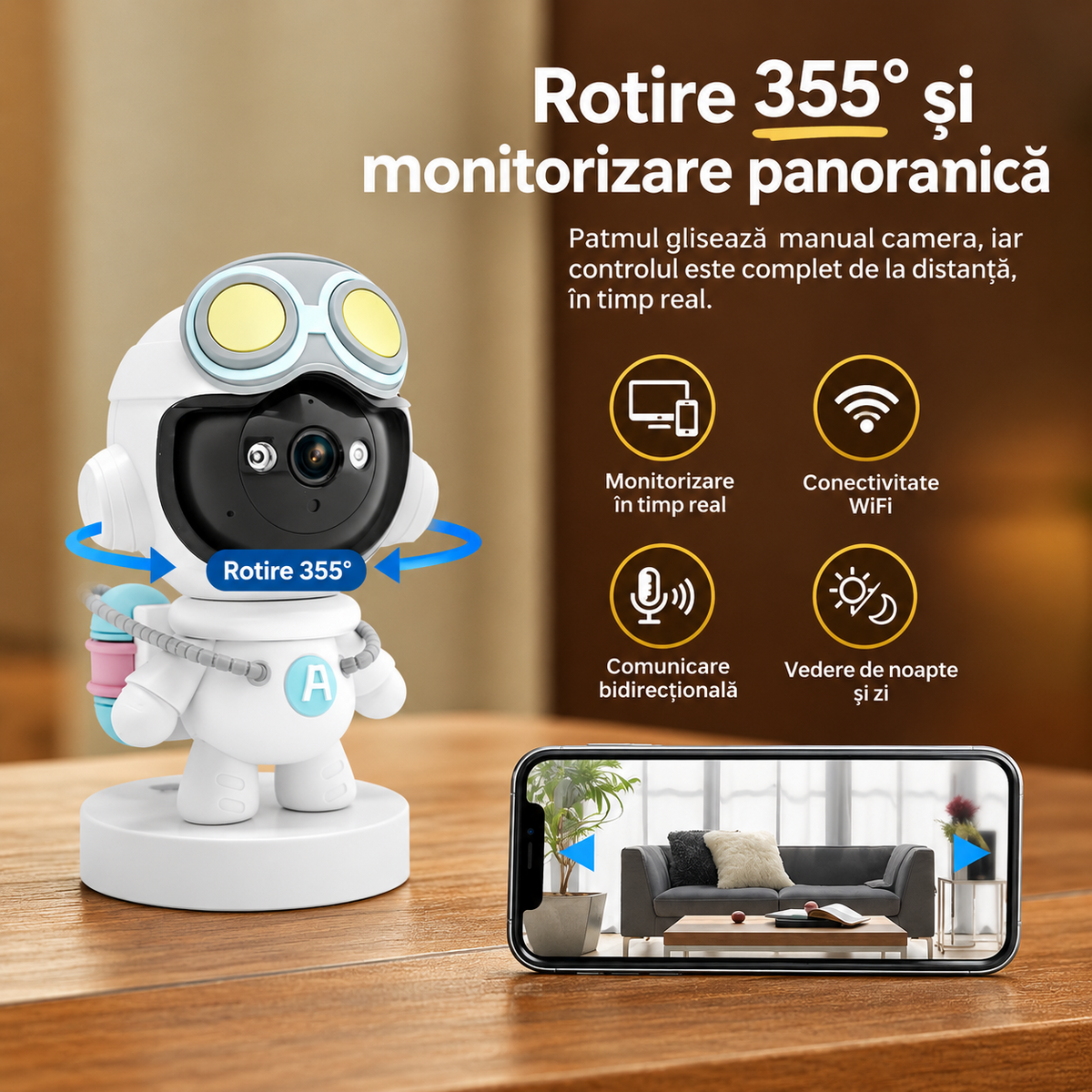 Cameră WiFi de Interior în Formă de Astronaut, Rotire Panoramică, Audio Bidirecțional