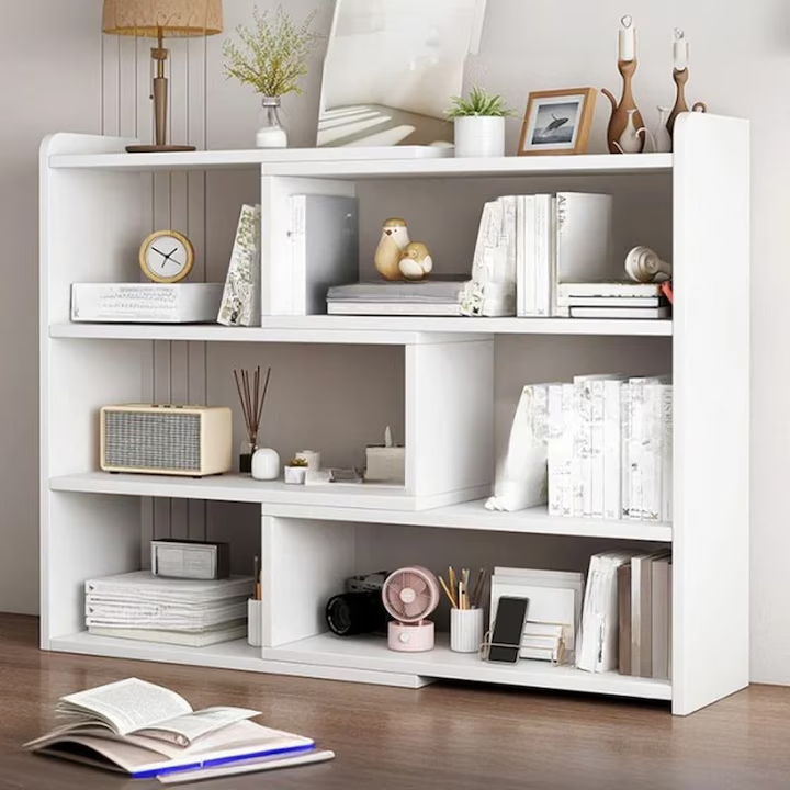 Biblioteca Extensibila cu 6 Compartimente | Rotativa si Reglabila 60-120 cm | Economisire Spatiu | Alb | 120x17x80 cm