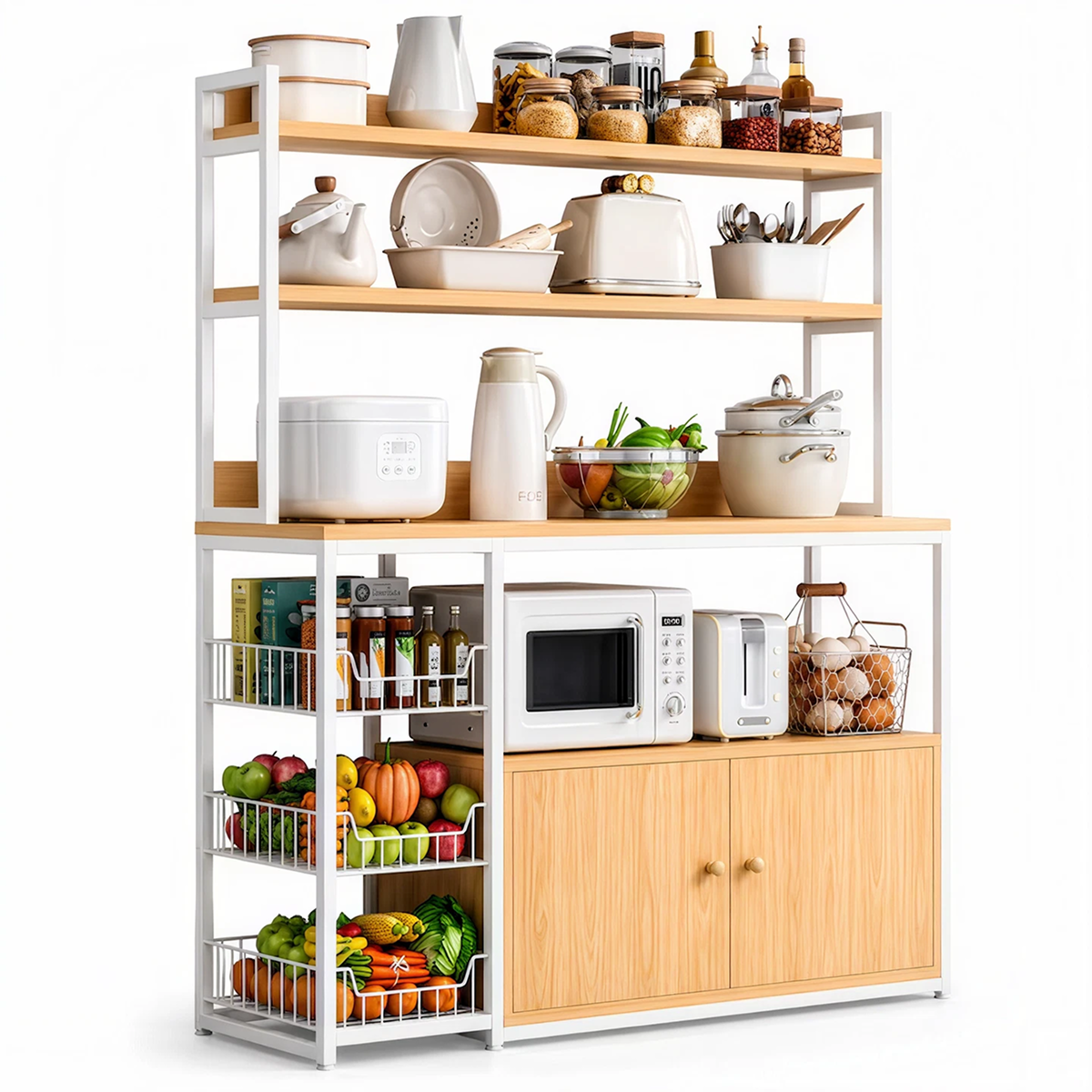 Etajera Multifunctionala pentru Bucatarie | 3 Rafturi, 3 Cosuri Laterale si Dulap | Metal | 120x30x146 cm