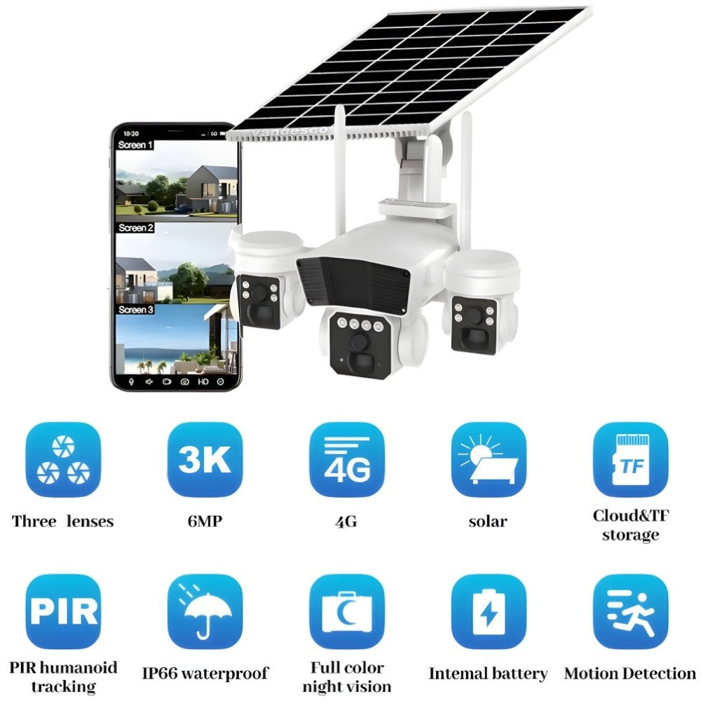 Camera Supraveghere, 3 Lentile, cu Panou Solar, Conexiune 4G, Rotatie 360°, Zoom 10x, Card Memorie Cadou