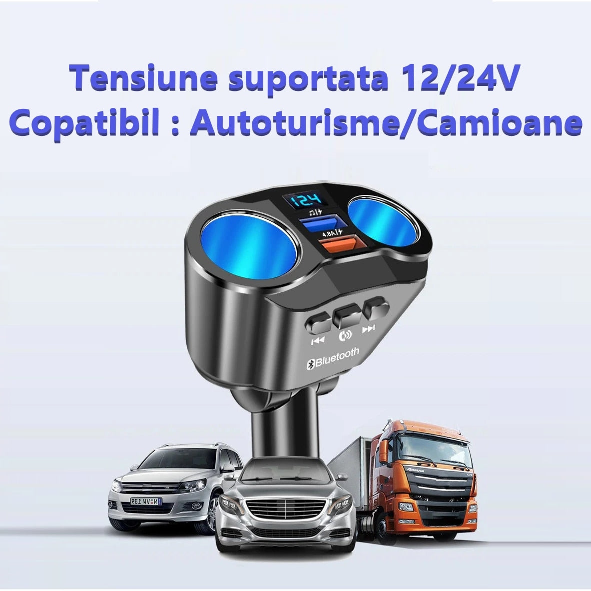 Modulator FM cu bluetooth, Incarcator Auto 2 USB, MP3, Handsfree, 12V-24V
