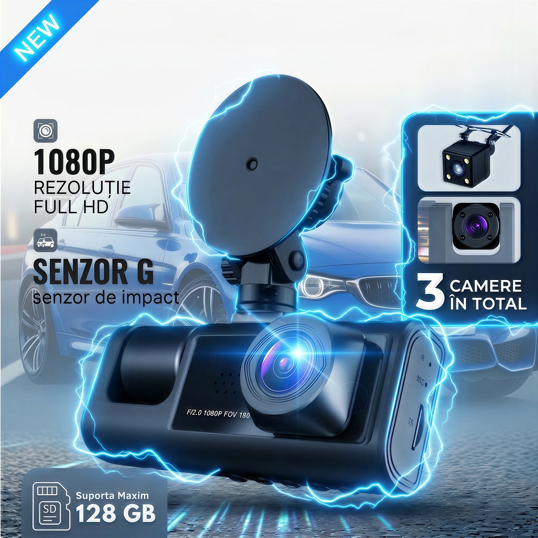 Camera Auto Bord Tripla DVR | Full HD 1080P | Fata + Spate + Interior | Ecran IPS 2" | G-Senzor | Detectie Miscare | Inregistrare Ciclica