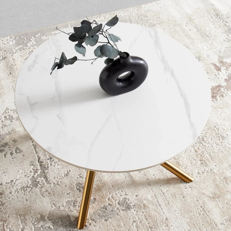 Masuta de Cafea Rotunda cu Blat Alb Aspect Marmura | Picioare Metalice Aurii | 70x70x44 cm