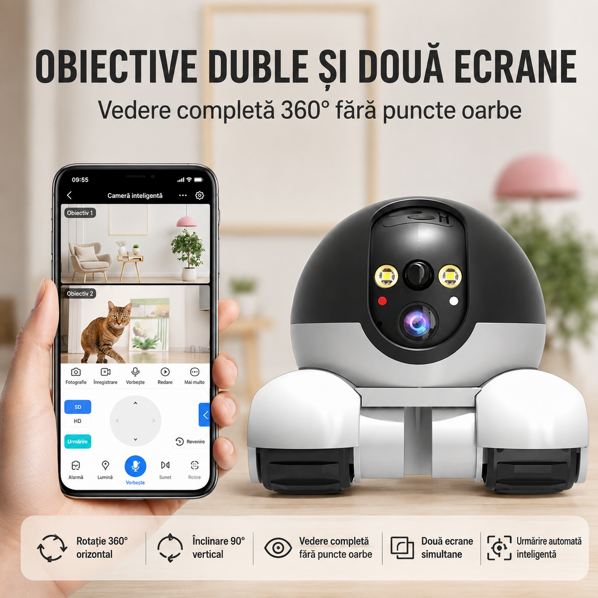 Cameră Robot Mobilă pentru Animale de Companie, 2 Camere Full HD, Laser, Card 32 GB