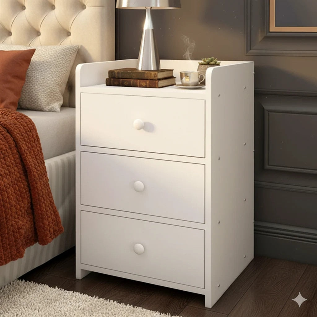 Noptiera Compacta cu 3 Sertare | PAL Melaminat | Design Minimalist | Alba | 32.2x26x48 cm