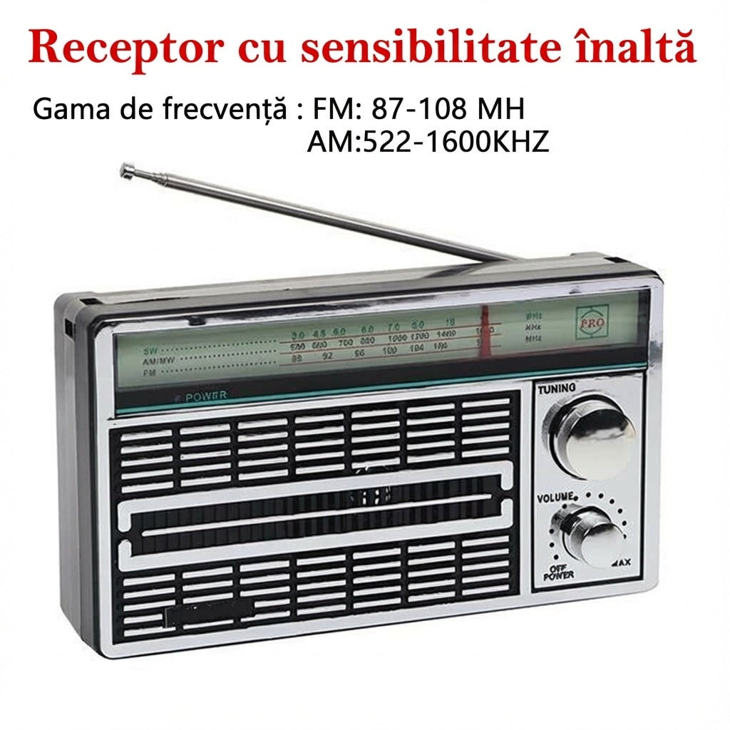Radio Portabil Silver | AM FM LW | Antena Telescopica Rotativa Alimentare Retea Sau Baterii | Retro | Argintiu