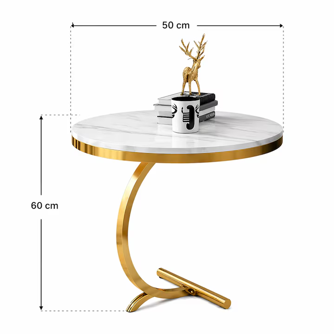 Măsuță Laterală Rotundă în Stil Nordic, Picior Auriu Curbat, Blat Aspect Marmură, 50 cm