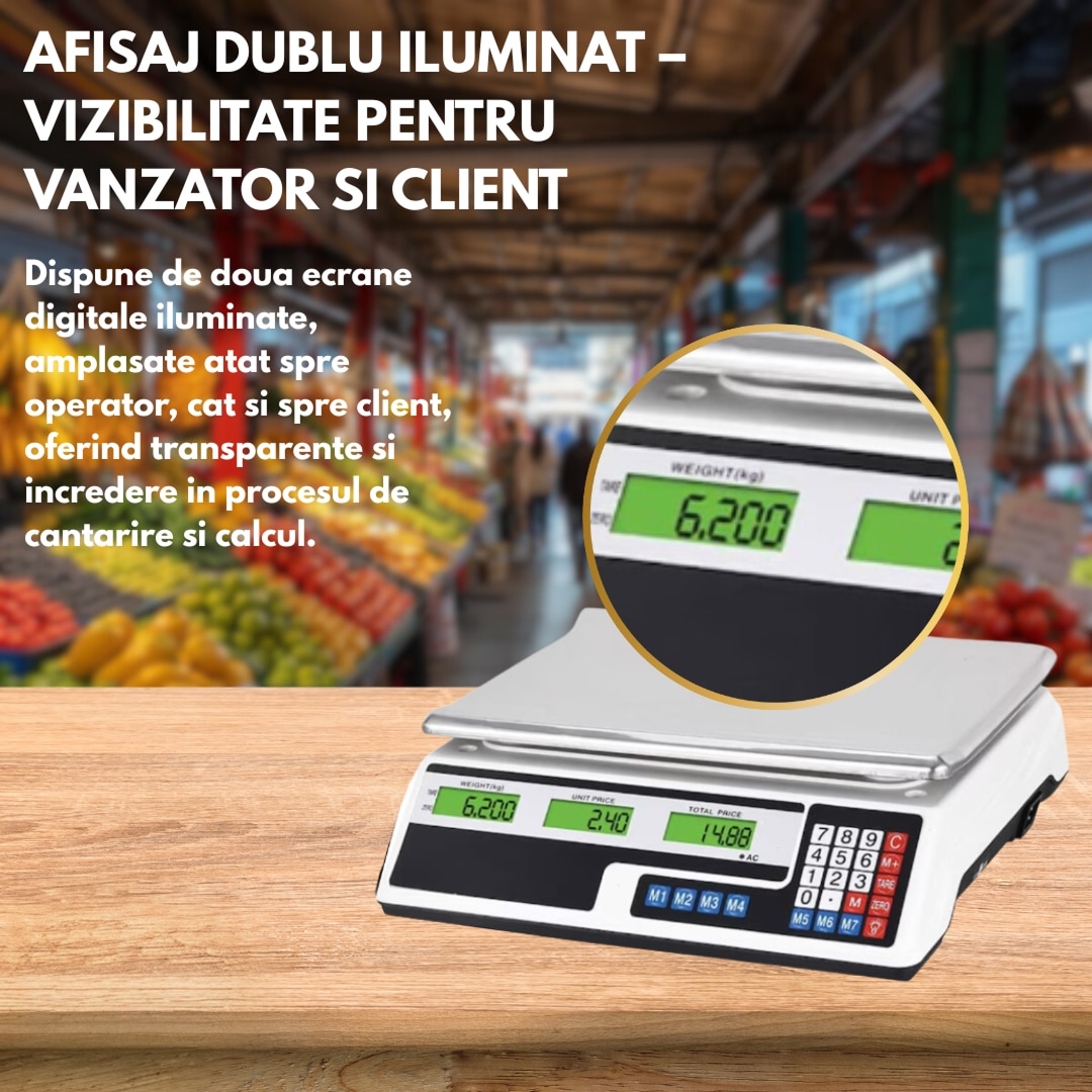 Cantar Comercial Electronic Profesional | Capacitate 40 Kg | Afisaj Dublu Iluminat | Tava Metalica | Functie Memorie