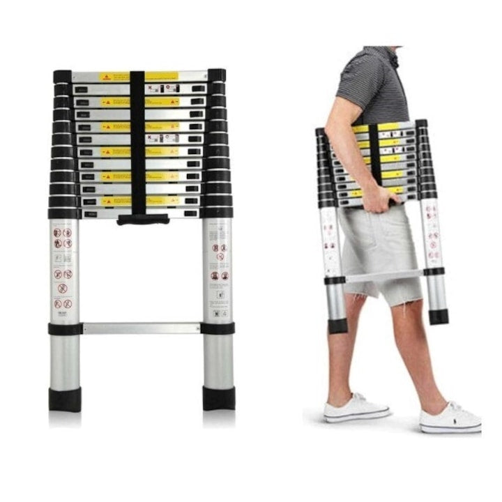 Scară Telescopică din Aluminiu 2,9 m, 150 kg, Blocare pe Fiecare Treaptă, Închidere Amortizată