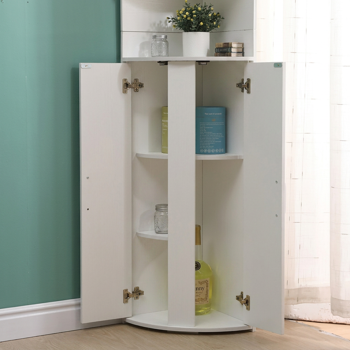 Biblioteca de Colt cu 4 Rafturi si Dulap cu 2 Usi | MDF Alb | 50x50x180 cm
