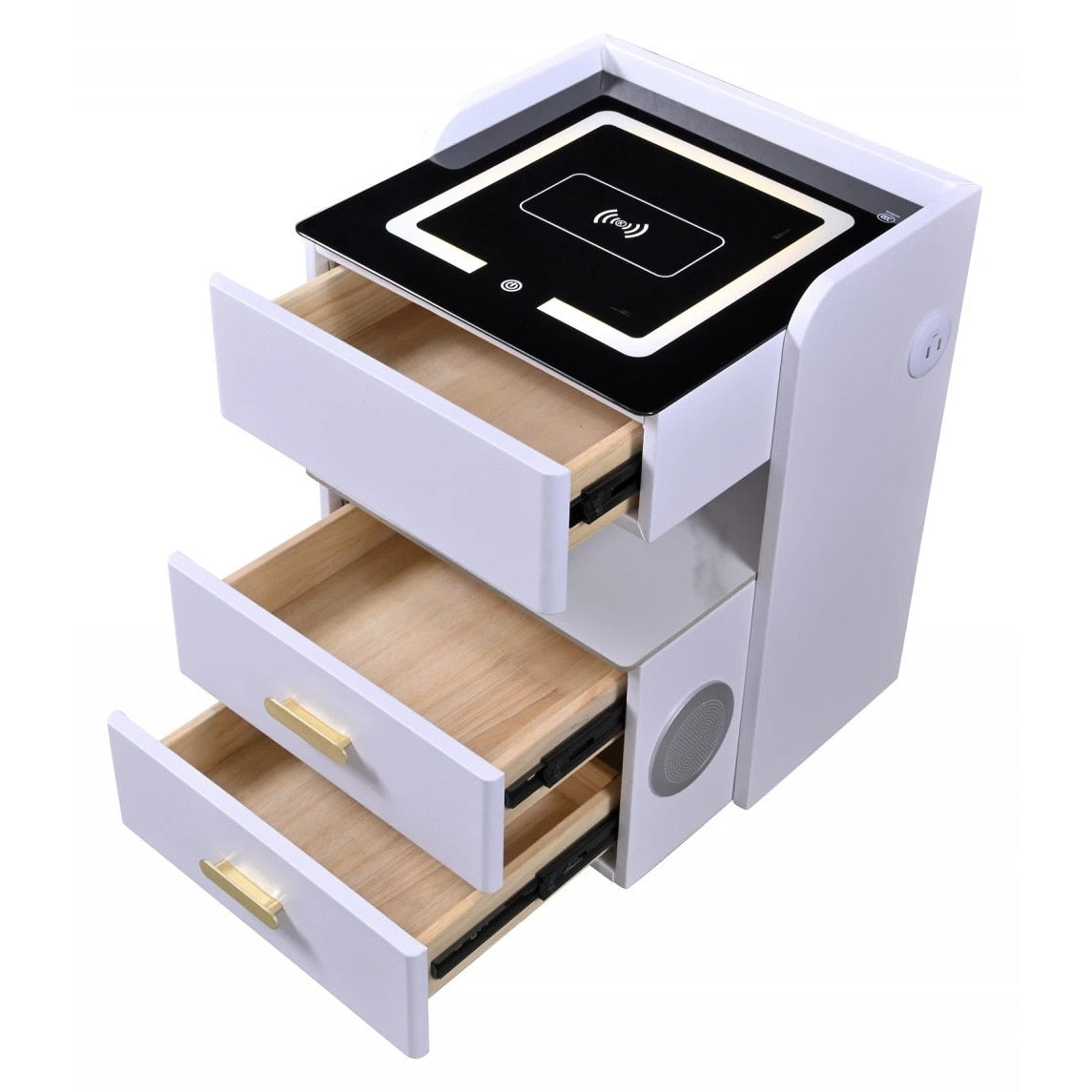 Noptieră Smart Albă cu 3 Sertare, Încărcare Wireless, LED Touch și Boxă Bluetooth
