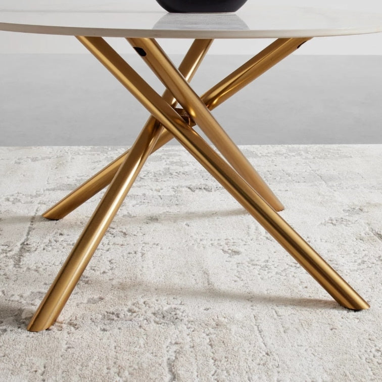 Masuta de Cafea Rotunda cu Blat Alb Aspect Marmura | Picioare Metalice Aurii | 70x70x44 cm