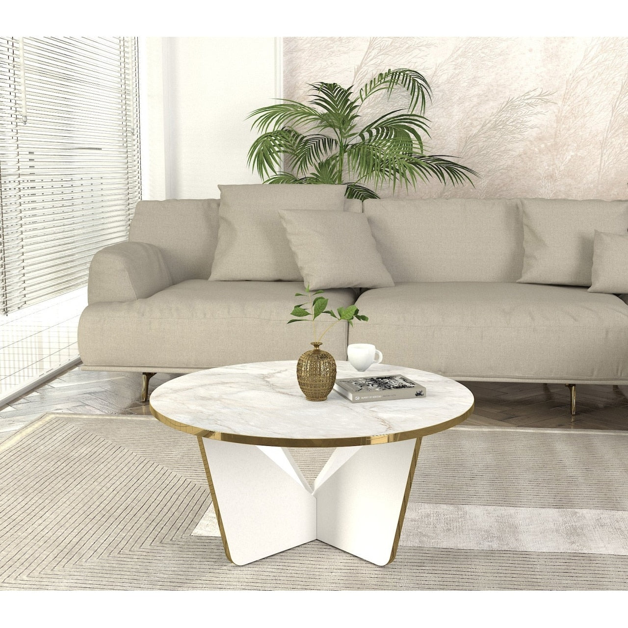 Masuta de Cafea Rotunda cu Blat Aspect Marmura | Baza Geometrica Alb-Auriu | 75x75x35 cm