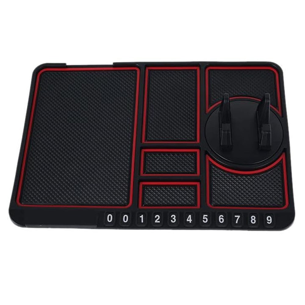 Suport Auto Multifunctional 4-in-1 | Antiderapant | Stand Telefon + Spatii Depozitare + Afisaj Număr Telefon | Culoare Rosu