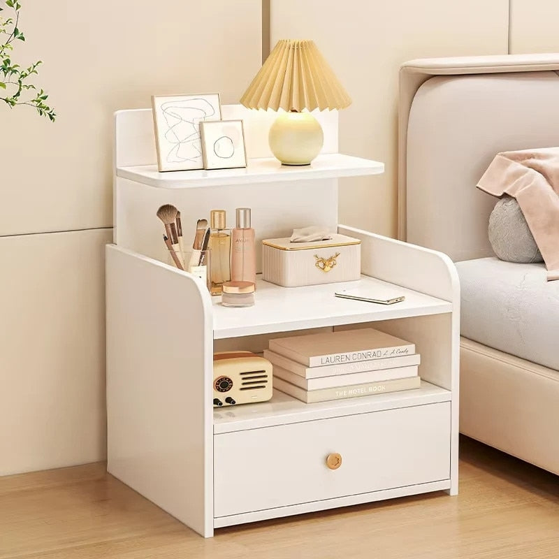 Noptiera Moderna cu Sertar si 3 Polite | MDF | Design Compact | 33x26x60 cm | Alba