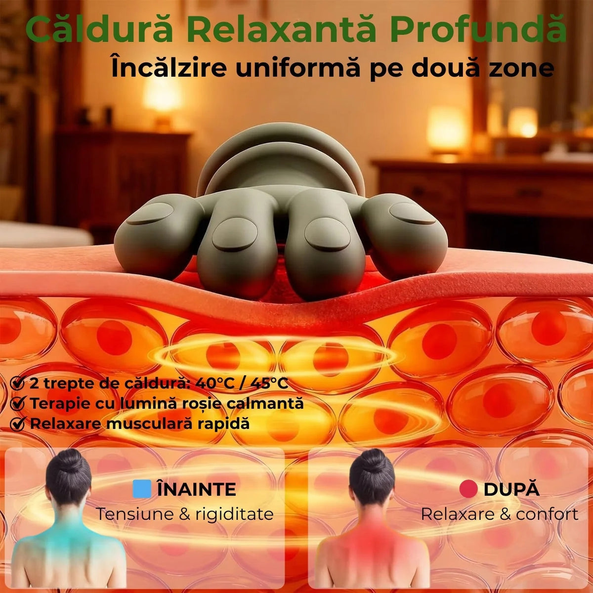 Aparat de Masaj Cervical 4D Shiatsu, Wireless, cu Încălzire 40/45°C, 3 Intensități