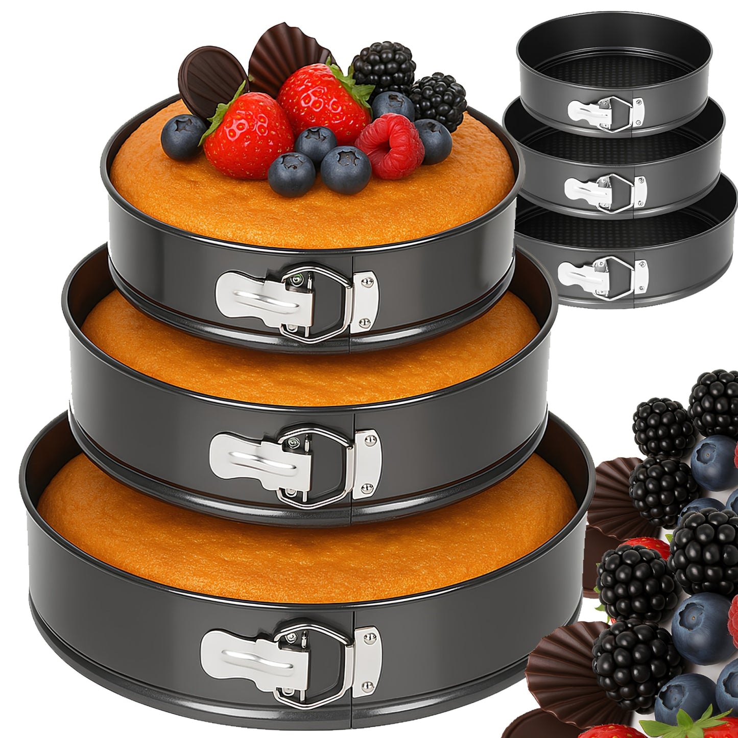 Set 3 Tavi Rotunde pentru Copt | Baza Detasabila | 24 / 26 / 28 cm | Negru | Pentru Torturi si Prajituri