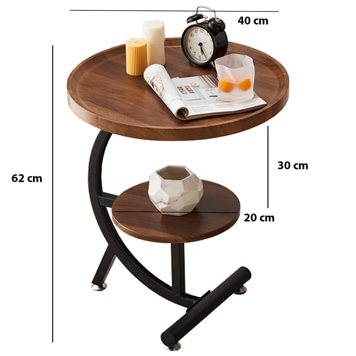 Masuta Laterala Rotunda C-Shaped | 2 Nivele | Lemn si Metal | Maro/Negru | 40x40x62 cm