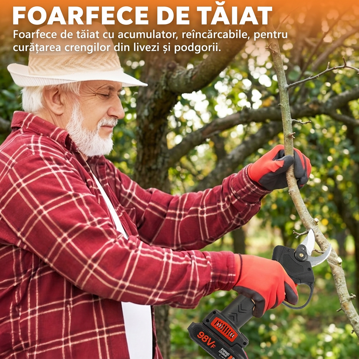 Foarfecă Electrică de Grădinărit 30 mm, Lamă Oțel Tungsten, 2 Acumulatori 48V, Valiză