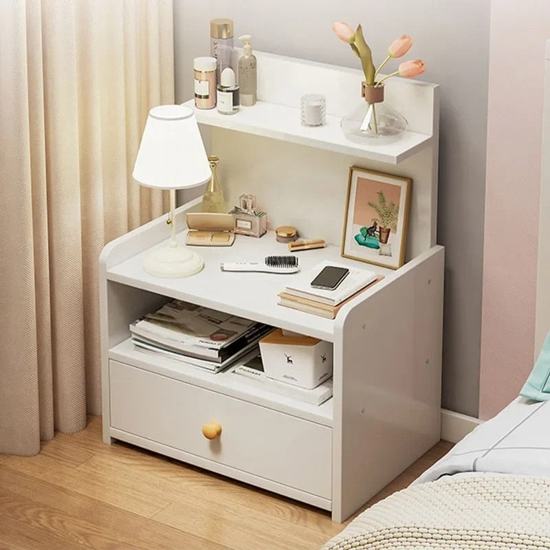 Noptiera Moderna cu Sertar si 3 Polite | MDF | Design Compact | 33x26x60 cm | Alba