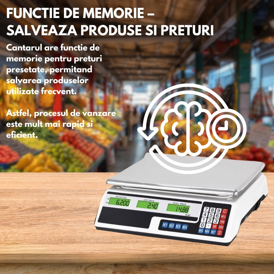 Cantar Comercial Electronic Profesional | Capacitate 40 Kg | Afisaj Dublu Iluminat | Tava Metalica | Functie Memorie