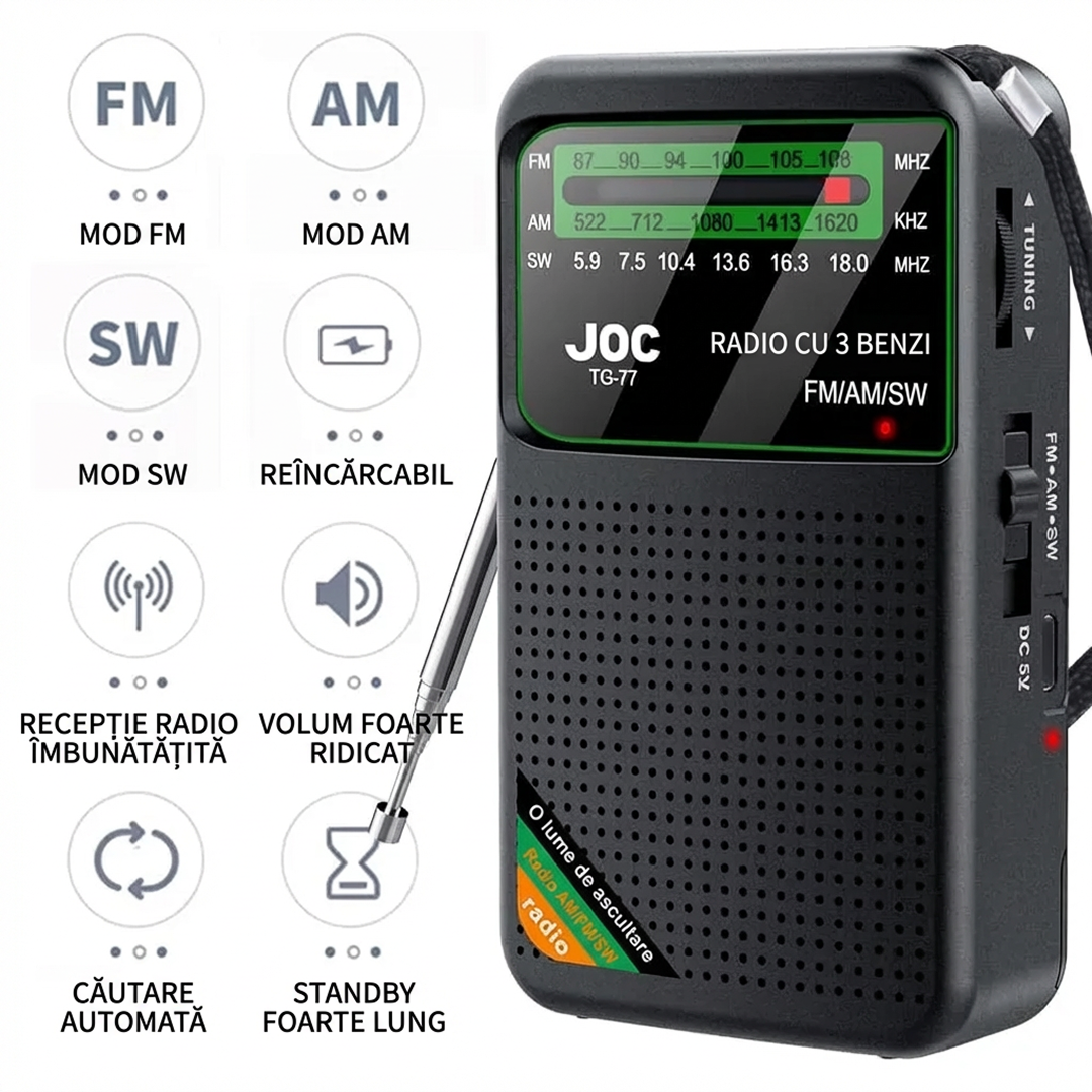 Radio Portabil | AM FM SW Stereo | USB-C Baterii 1000mAh Mufa Casti | Difuzor 3W | Negru