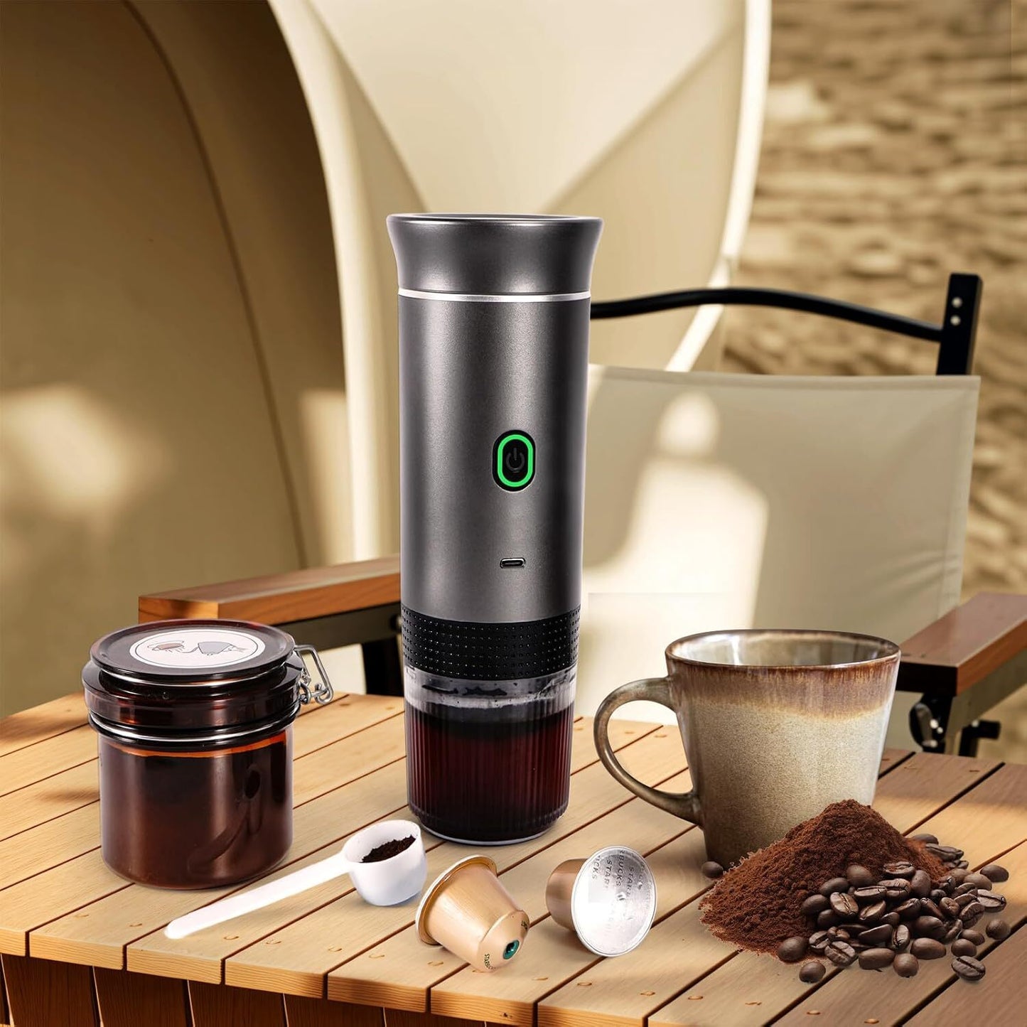 Espressor Portabil Capsule 3-In-1 | Presiune 18 Bar | Aparat Cafea cu Baterie Integrata | Incalzire Apa | USB-C