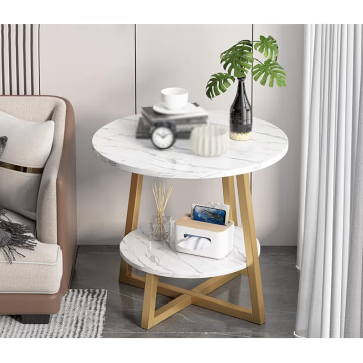 Măsuță de Cafea Rotundă cu 2 Niveluri, Blat cu Aspect de Marmură și Cadru Auriu